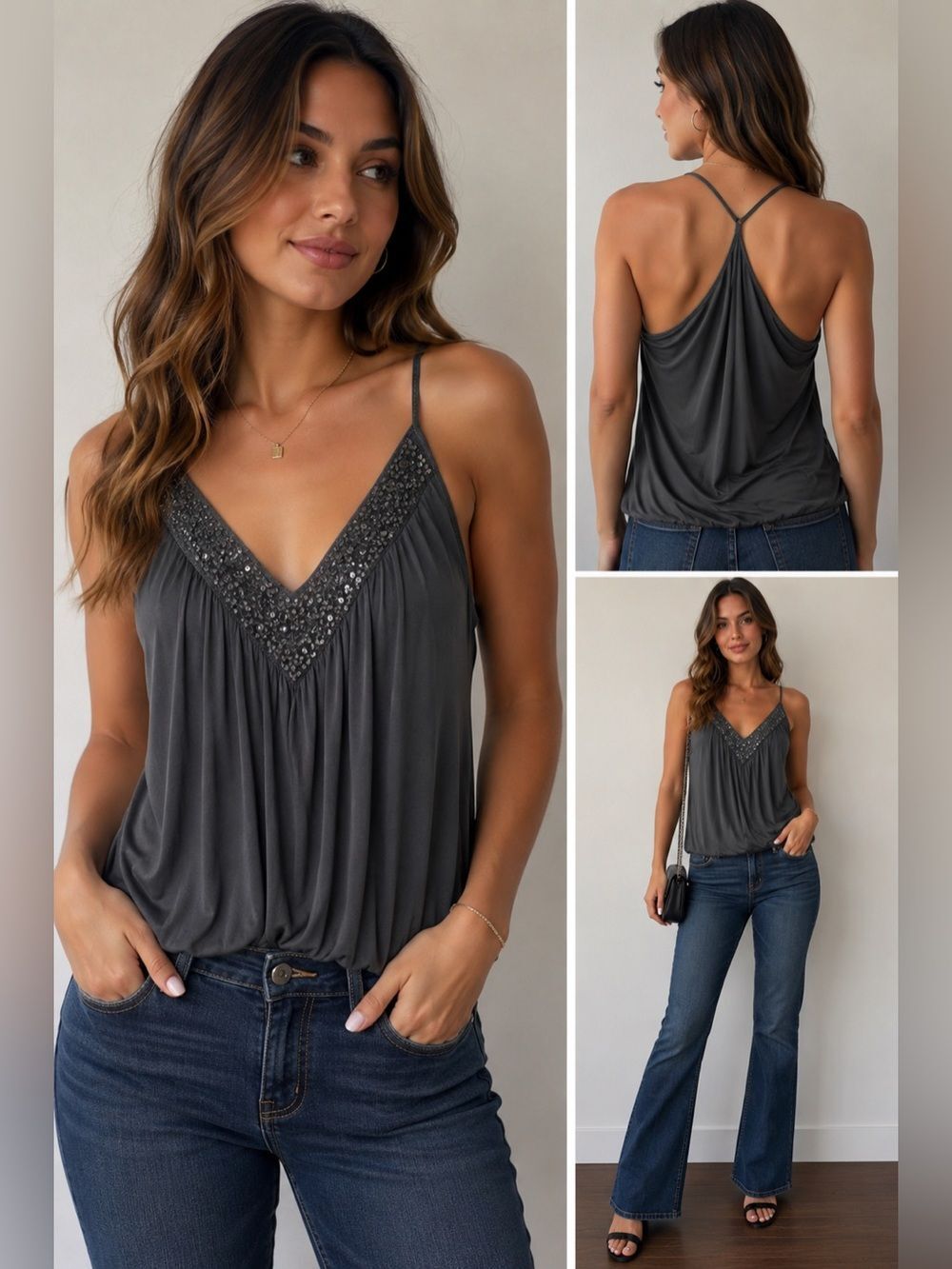 Express Gray Embellished Strappy Tank Cami Top Women’s Small Y2K Glam